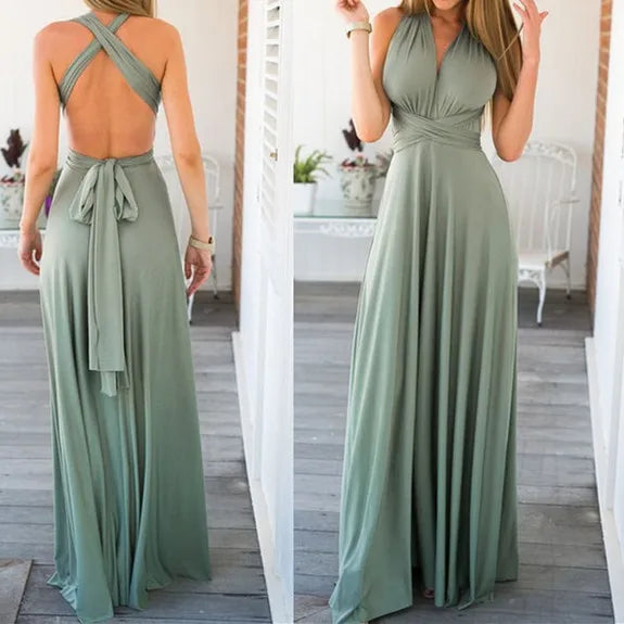 Deep V-Neck Wrap Convertible Braid Back Band Maxi Dress 6