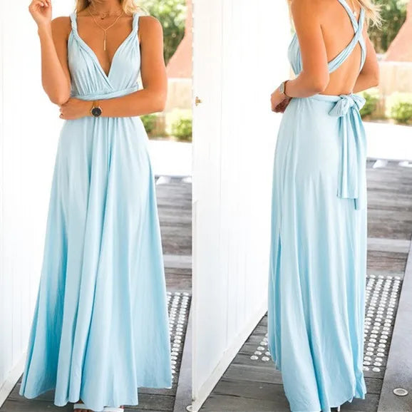 Deep V-Neck Wrap Convertible Braid Back Band Maxi Dress 3