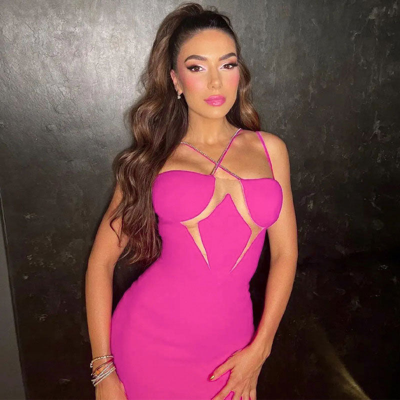 Rhinestone Criss Cross Sheer Mesh Bodycon Mini Dress
