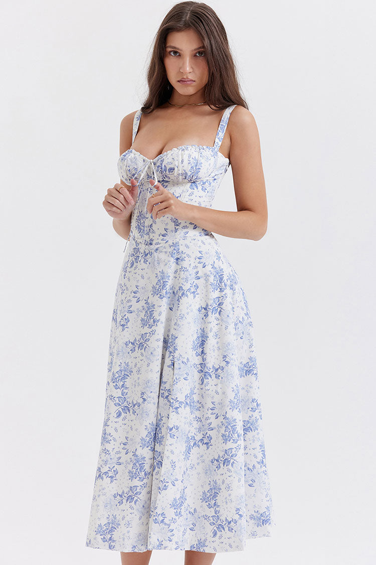 Sweetheart Strap Bustier Floral Fit Flare Midi Dress