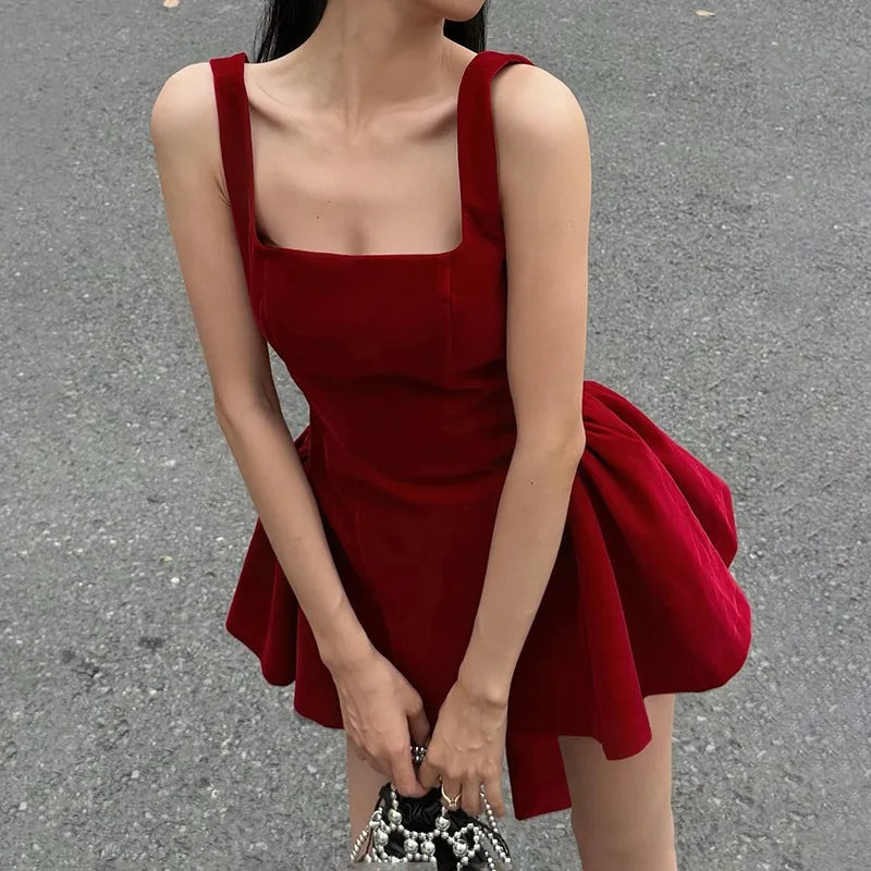 Spaghetti Strap Open Back Oversized Bow Flared Mini Dress 3