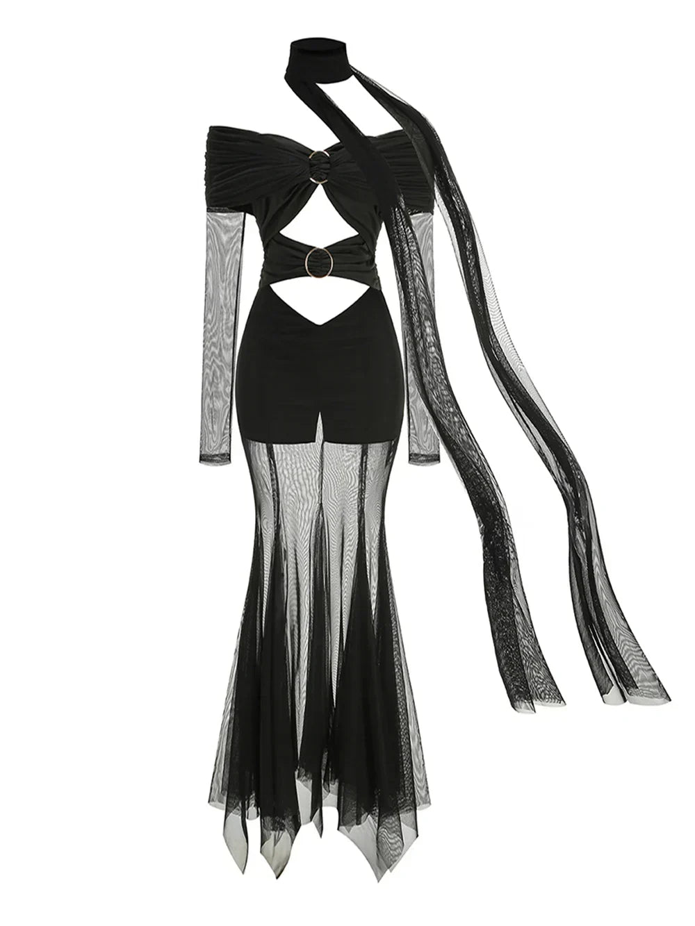 Off Shoulder Mesh Ring Buckle Cutout Hooded Cape Maxi Dress 5