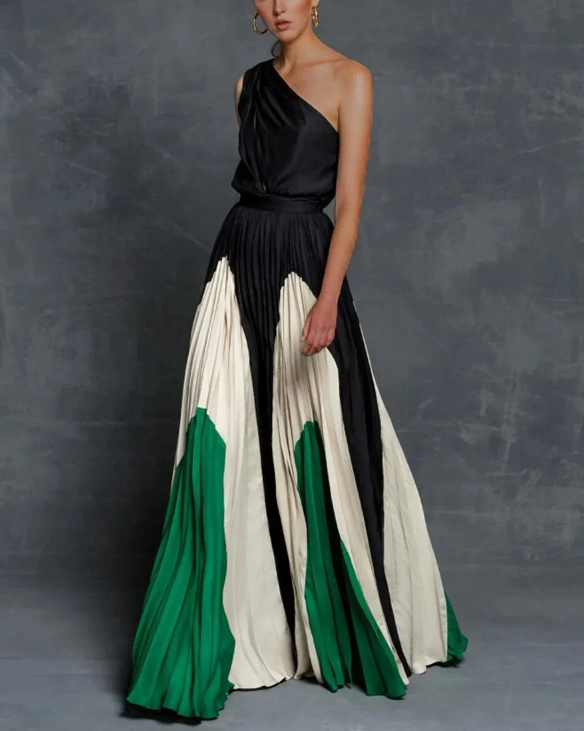 One-Shoulder Sunray Pleated Geometric Panel Maxi Gown 2