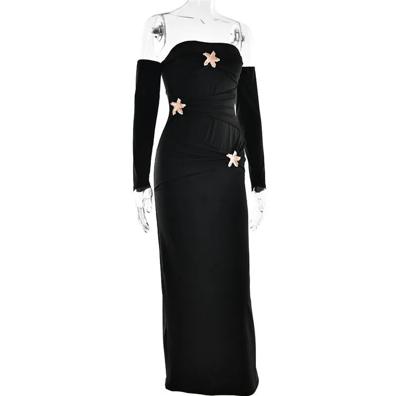 Off Shoulder Buckle Ruched Drape Long Sleeve Maxi Dress 8