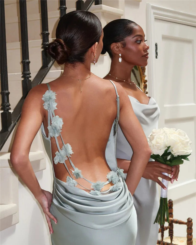 Spaghetti Strap Floral Applique Cowl Back Satin Maxi Dress 6