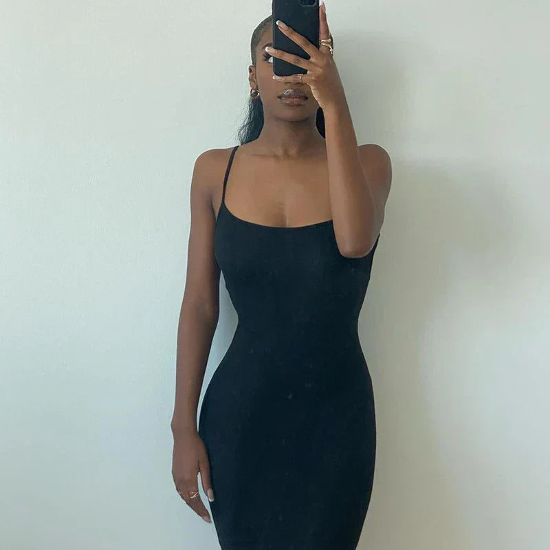 Spaghetti Strap Scoop Neck Ribbed Bodycon Floor Length Maxi Dress 3