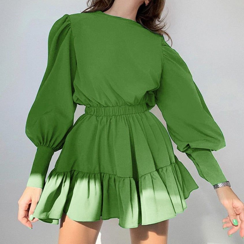 Crew Neck Lantern Sleeve Elastic Waist Tiered Ruffle Mini Dress 3