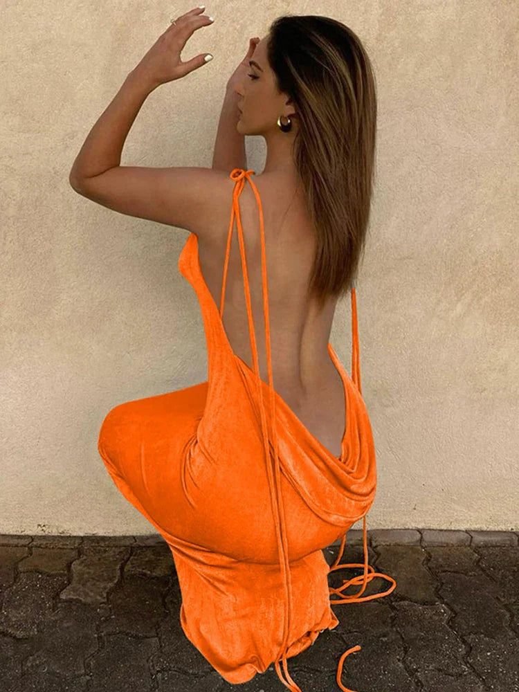 Spaghetti Strap Tie Shoulder Cowl Back Shimmer Mermaid Maxi Dress 2