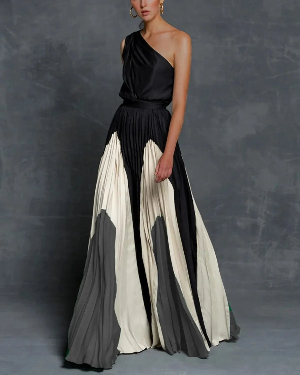 One-Shoulder Sunray Pleated Geometric Panel Maxi Gown 3