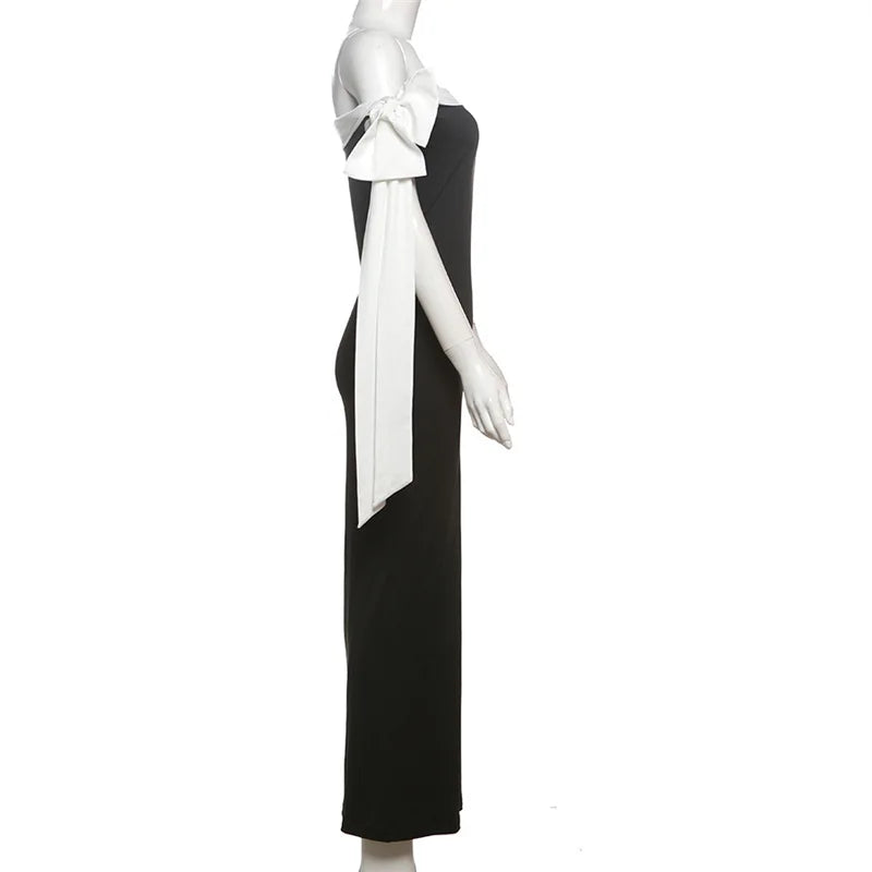 Off Shoulder Contrast Bow Shoulder Ribbon Bodycon Maxi Dress 8