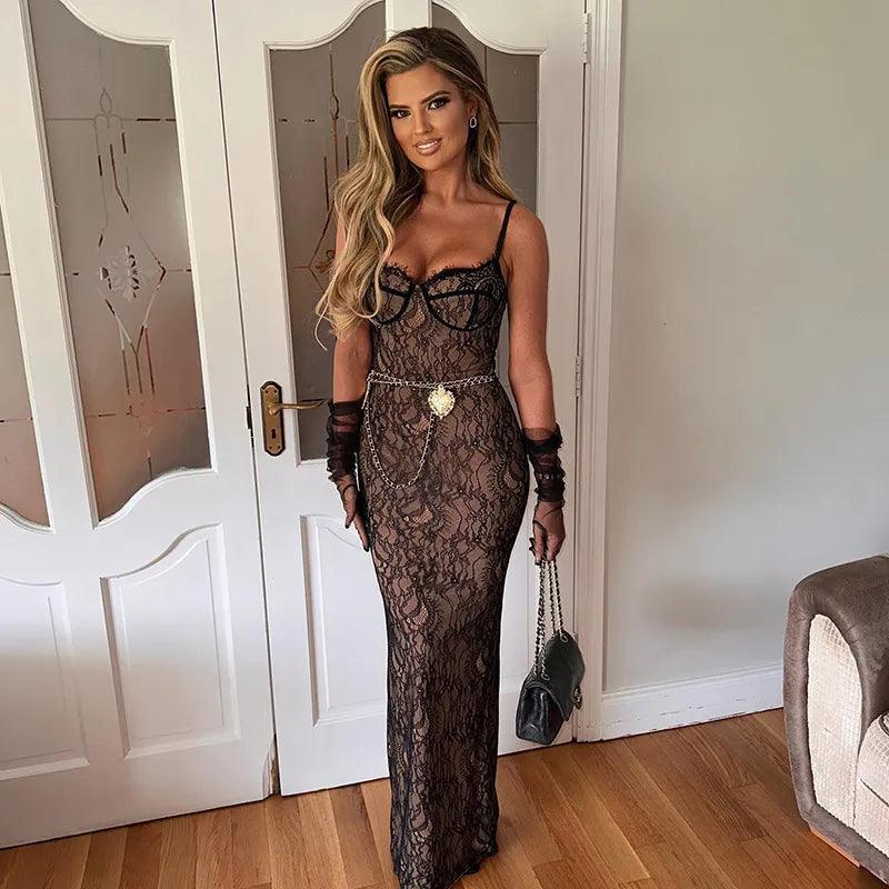 Sweetheart Neck Spaghetti Strap Lace Corset Chain Belt Maxi Dress 7
