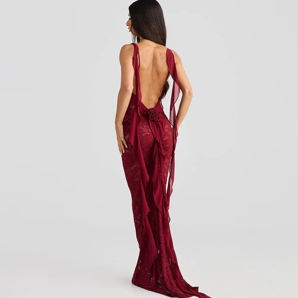 Lace Backless Spaghetti Strap Trailing Ribbon Ruffle Maxi Dress 8