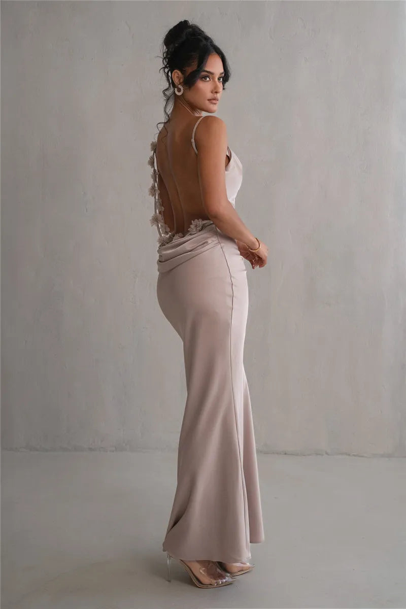 Spaghetti Strap Floral Applique Cowl Back Satin Maxi Dress 16