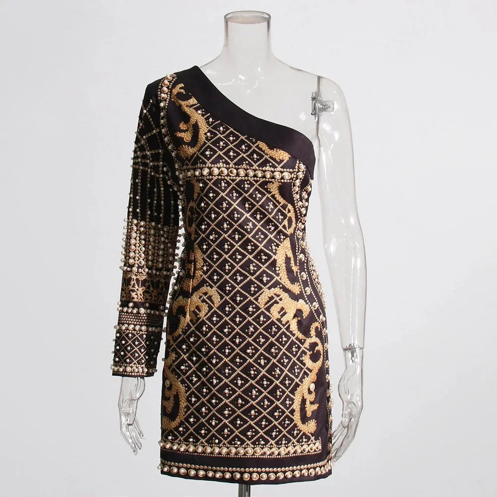 One Shoulder Pearl Beaded Baroque Lattice Embellished Mini Dress 11