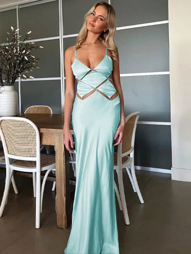 Spaghetti Strap Metal Ring Geometric Cutout Maxi Dress 4