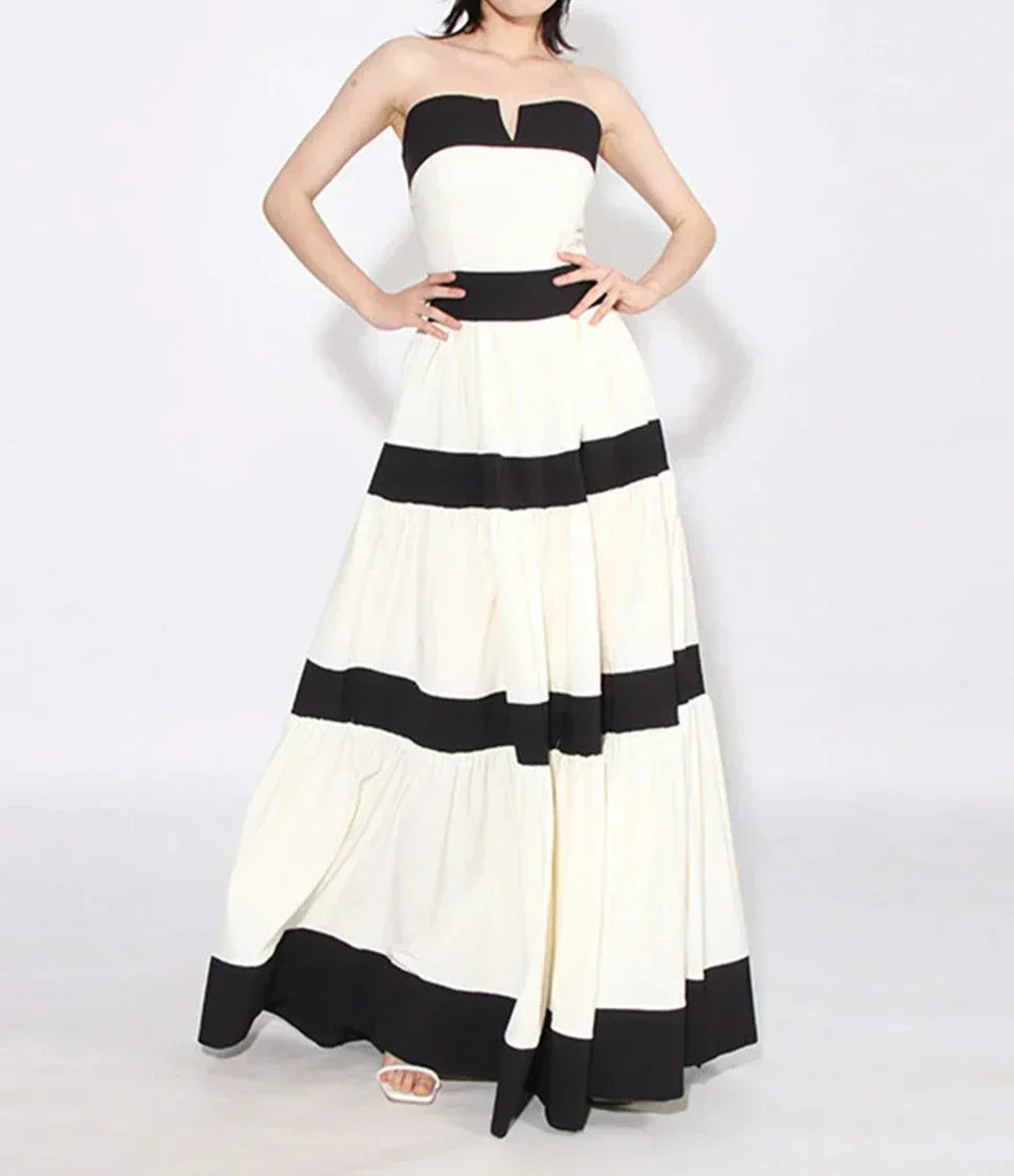 Strapless V Notch Neckline Tiered Horizontal Banded Full Skirt Gown 3