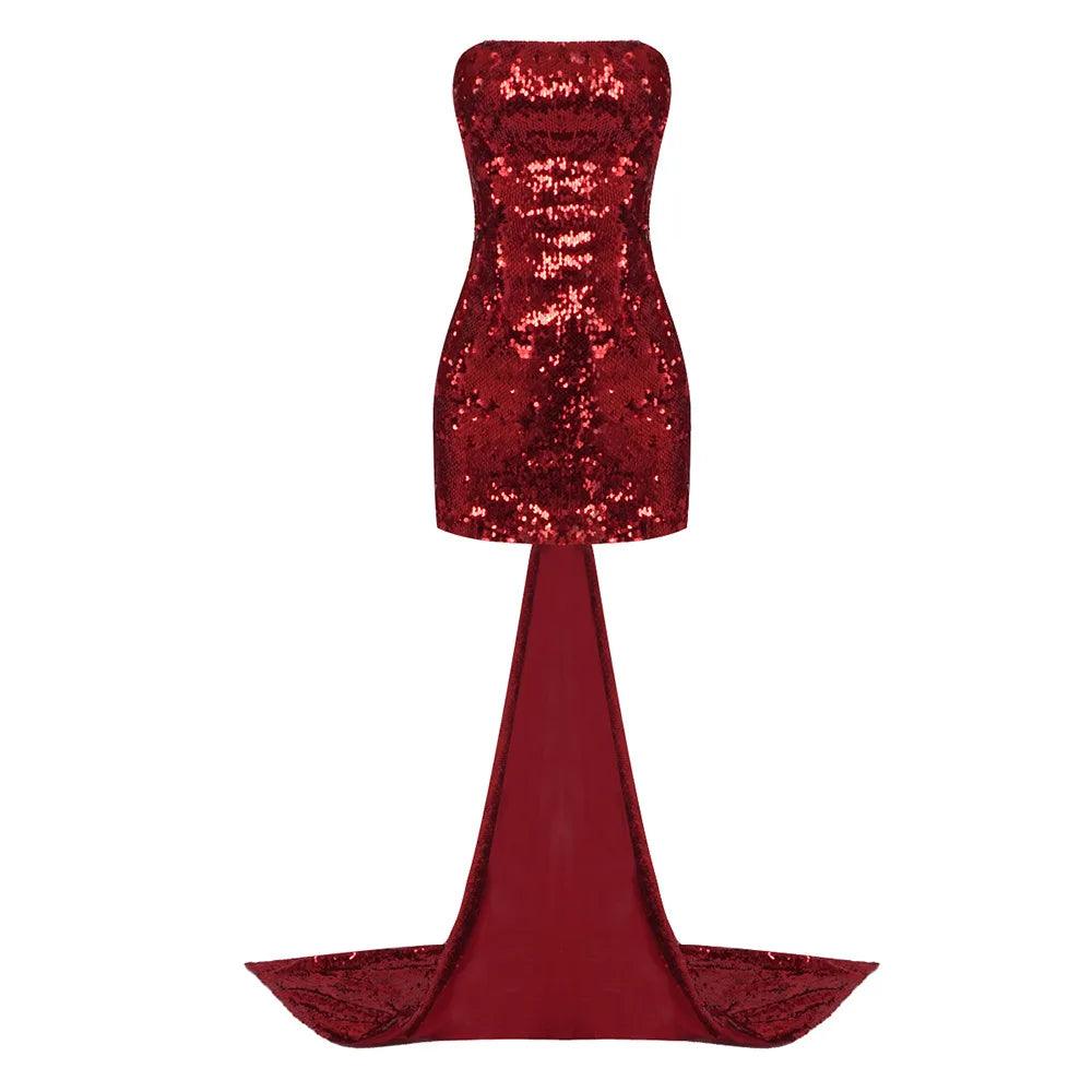 Strapless Sequin Bow Back Train Mini Dress 14
