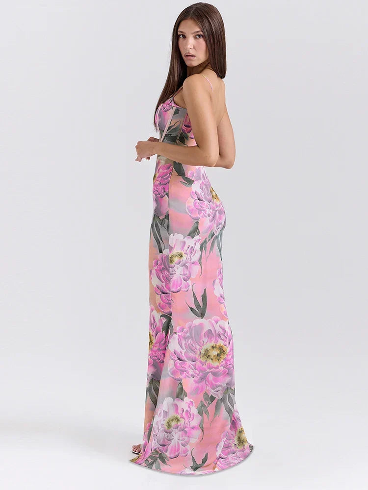 Corset Boning Floral Print Spaghetti Strap Bodycon Maxi Dress 3