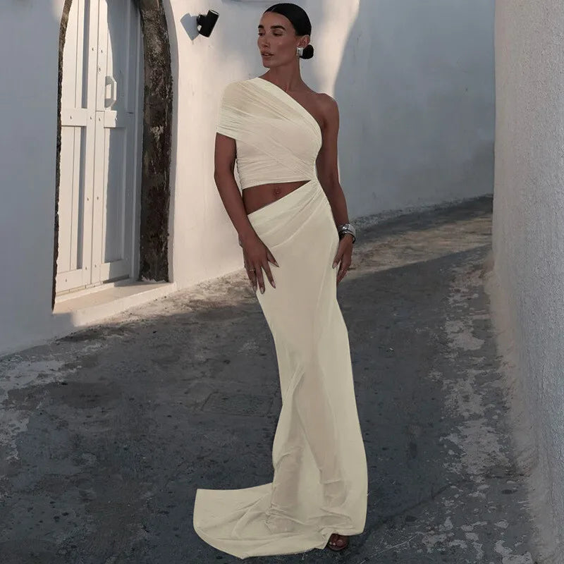 One Shoulder Mesh Draped Crop Top High Slit Maxi Skirt Set 5