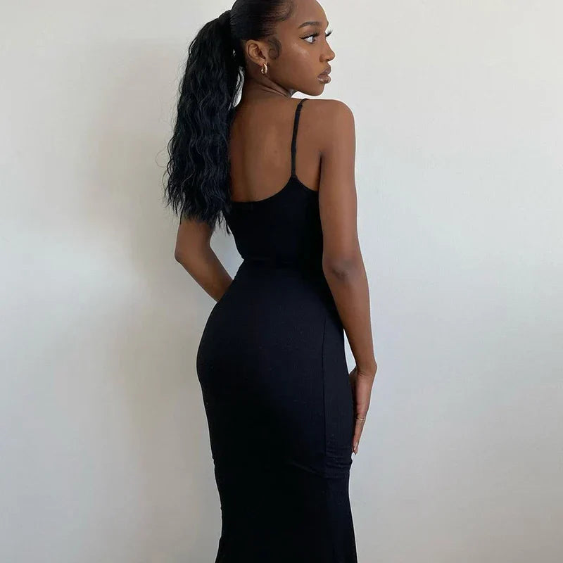 Spaghetti Strap Scoop Neck Ribbed Bodycon Floor Length Maxi Dress 4