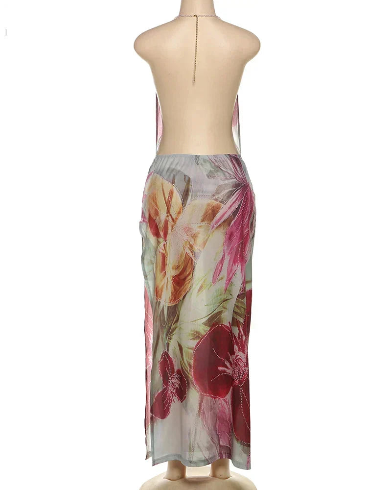 Floral Print Cowl Neck Halter Spaghetti Strap Maxi Dress 4