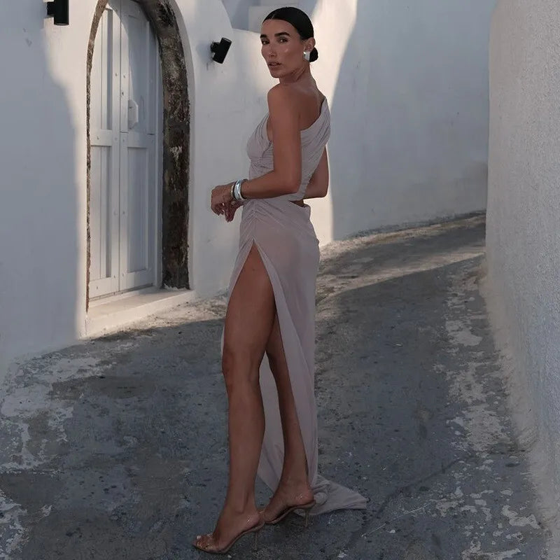 One Shoulder Mesh Draped Crop Top High Slit Maxi Skirt Set 15