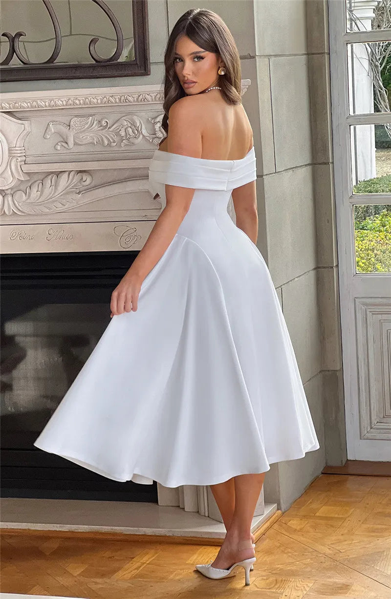 Off-Shoulder Folded Band Box Pleat Flare Midi Dress 4
