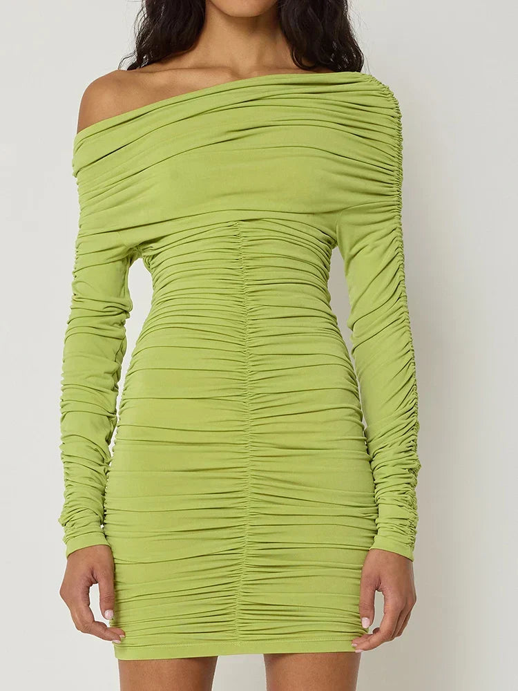Asymmetric Neck Ruched Gathered Long Sleeve Bodycon Mini Dress 6