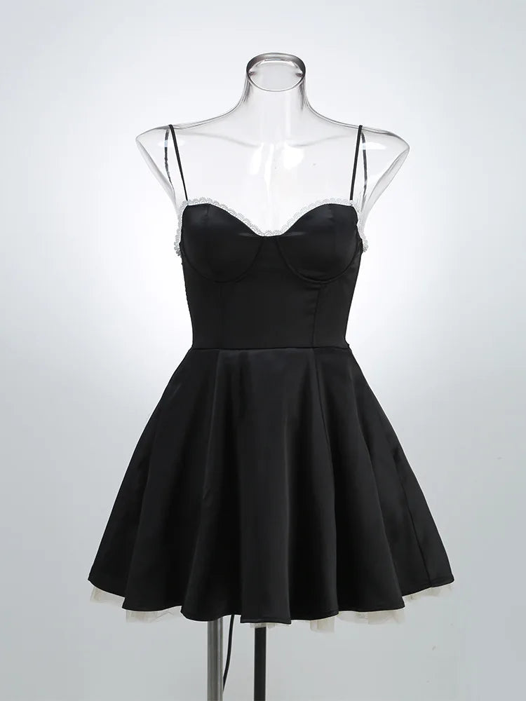 Sweetheart Neck Lace Trim Spaghetti Strap Tulle Hem Fit and Flare Mini Dress 4