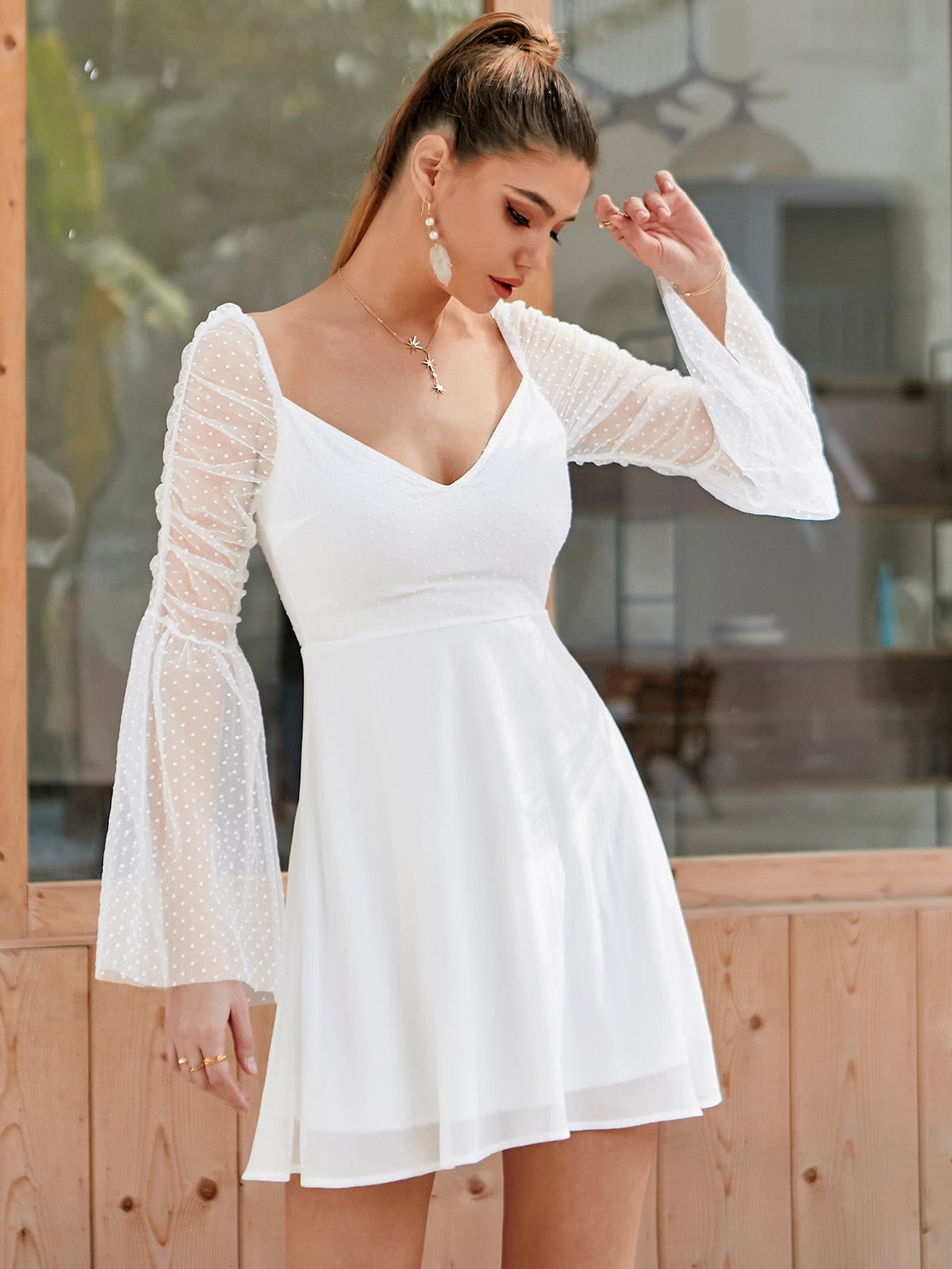 Swiss Dot Sheer Bell Sleeve Sweetheart Fit-and-Flare Mini Dress 4