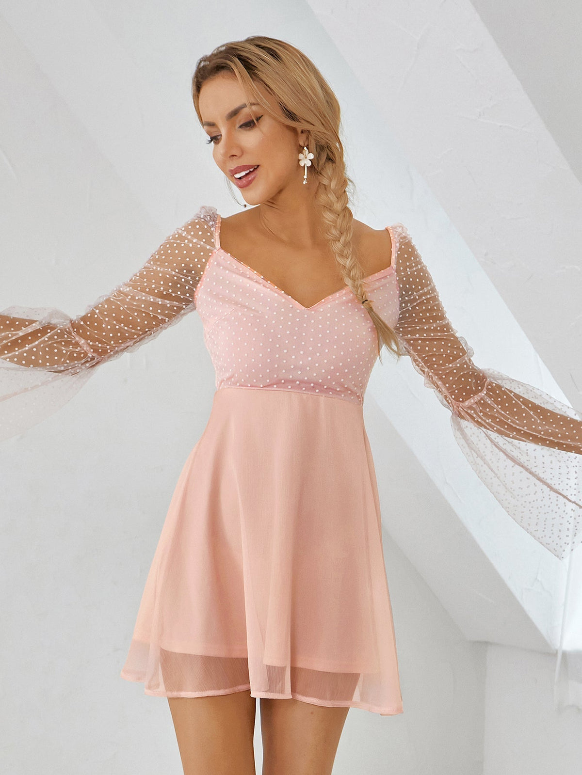 Swiss Dot Sheer Bell Sleeve Sweetheart Fit-and-Flare Mini Dress 7