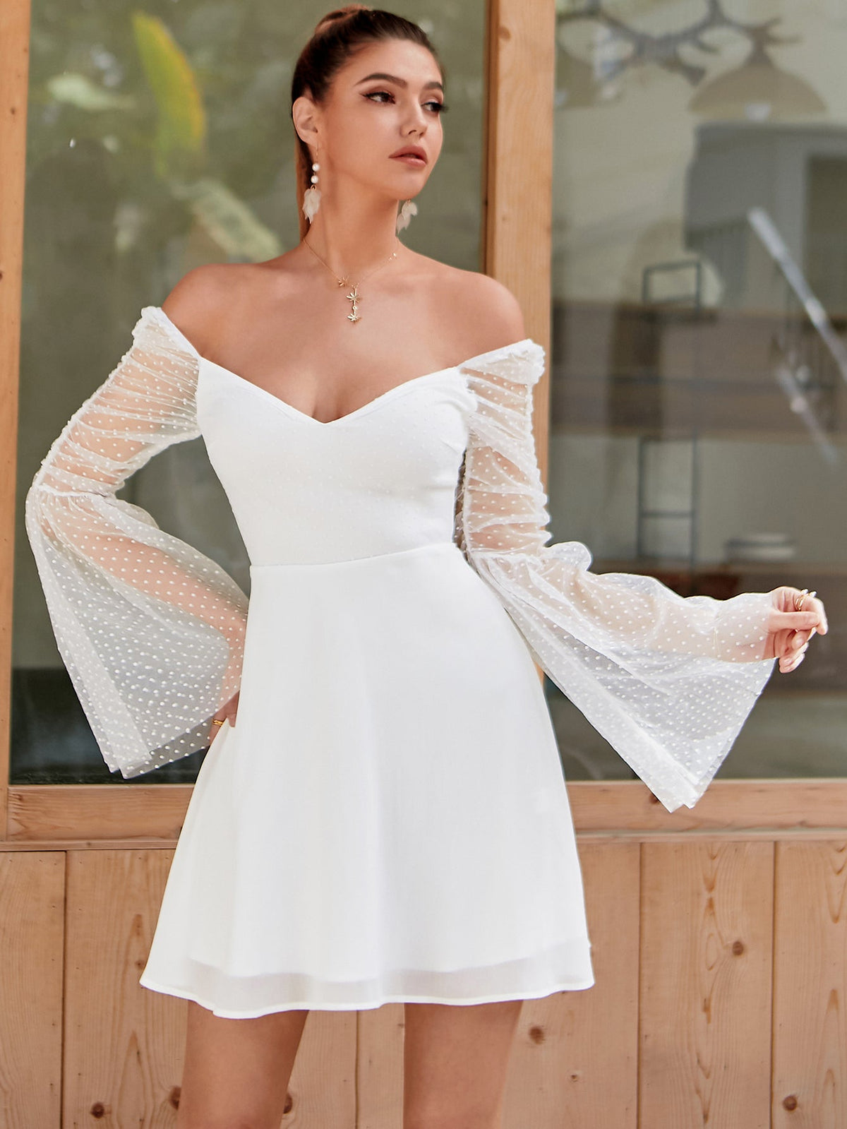 Swiss Dot Sheer Bell Sleeve Sweetheart Fit-and-Flare Mini Dress 5