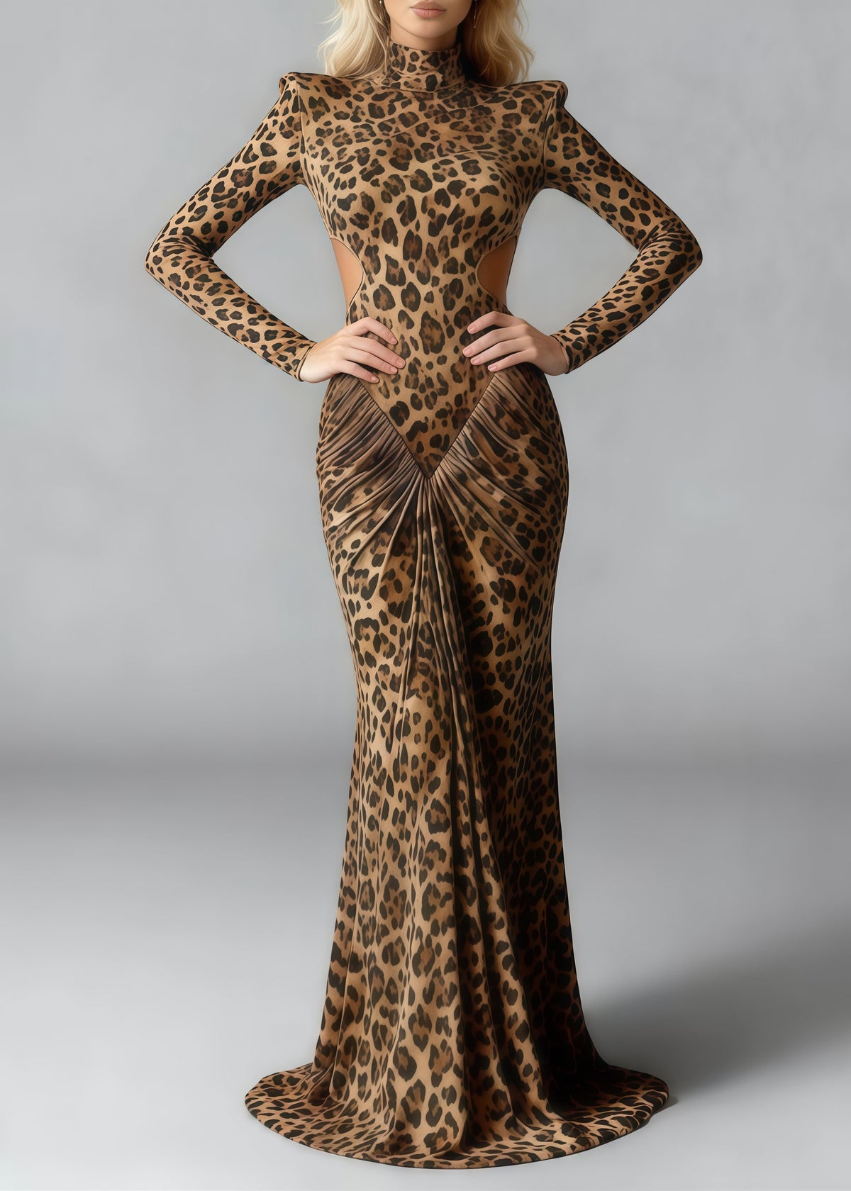 Mock Neck Padded Shoulder Waist Cutout Ruched Print Maxi Gown 3