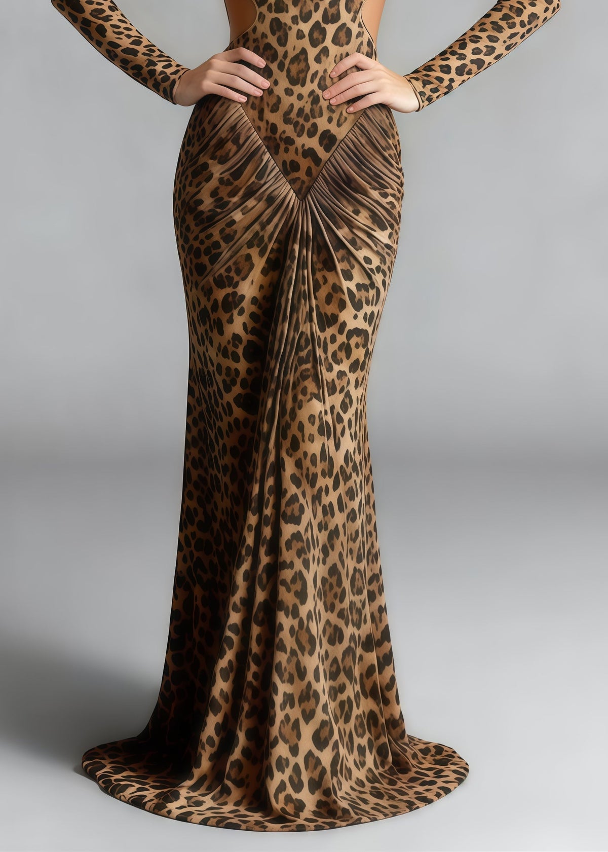 Mock Neck Padded Shoulder Waist Cutout Ruched Print Maxi Gown 4