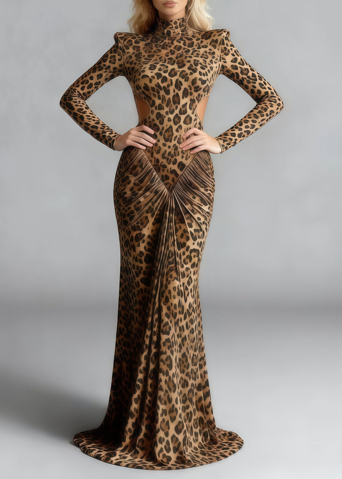 Mock Neck Padded Shoulder Waist Cutout Ruched Print Maxi Gown 5