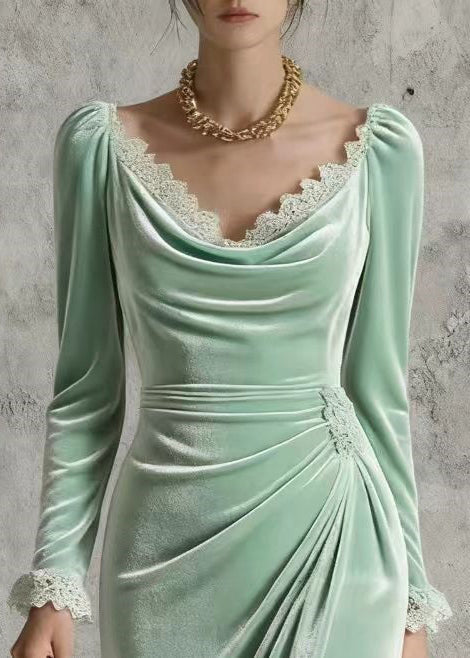 Cowl Neck Lace Trim Puff Sleeve Side Ruching Velvet Wrap High-Low Midi Dress 2