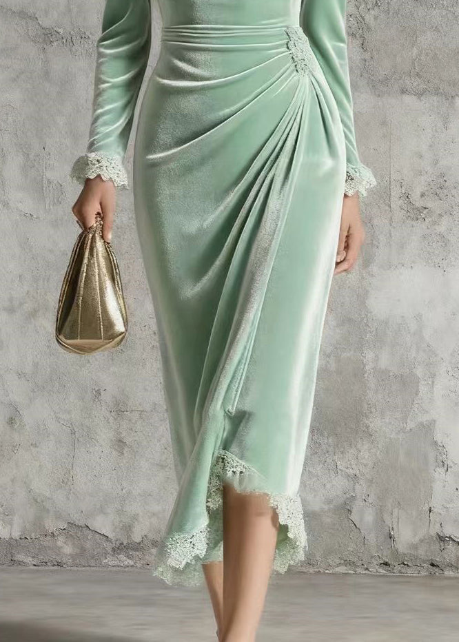 Cowl Neck Lace Trim Puff Sleeve Side Ruching Velvet Wrap High-Low Midi Dress 4