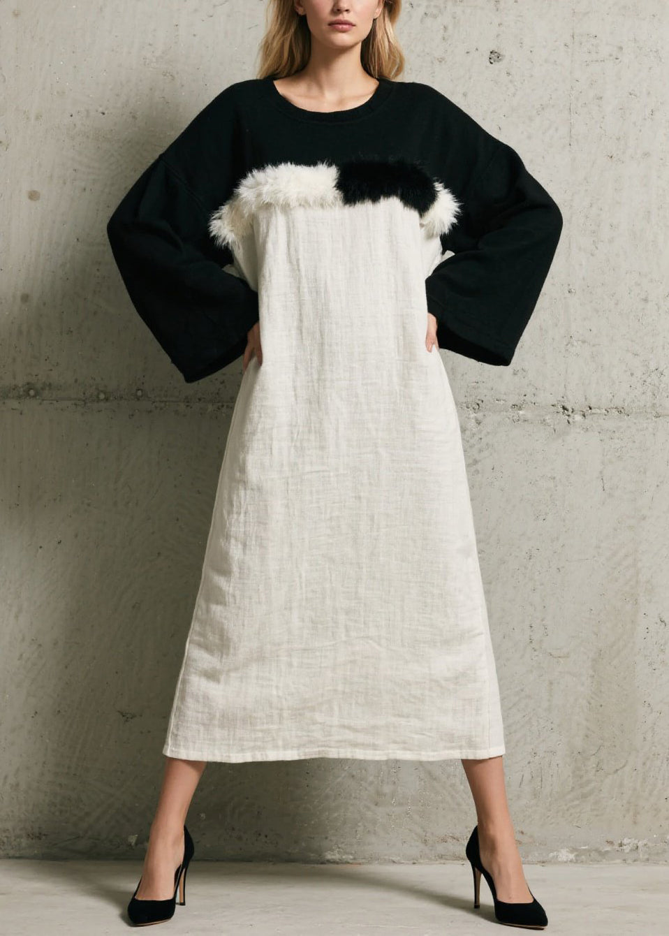 Faux Fur Trim Layered Crew Neck Bell Sleeve Linen Midi Dress