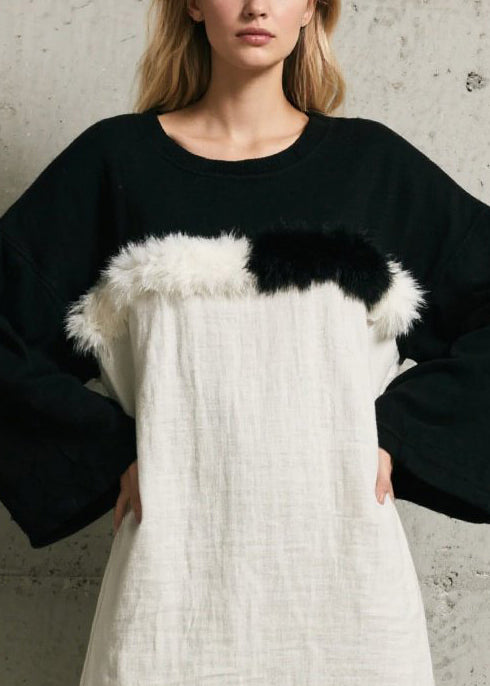 Faux Fur Trim Layered Crew Neck Bell Sleeve Linen Midi Dress 2