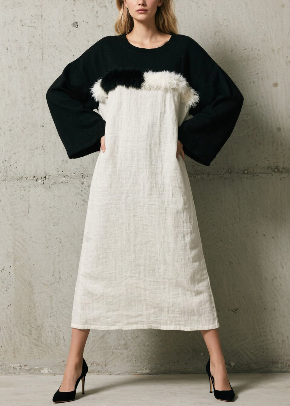 Faux Fur Trim Layered Crew Neck Bell Sleeve Linen Midi Dress 3