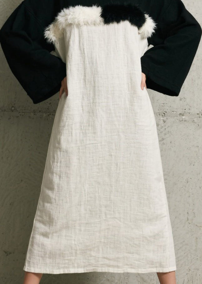 Faux Fur Trim Layered Crew Neck Bell Sleeve Linen Midi Dress 4