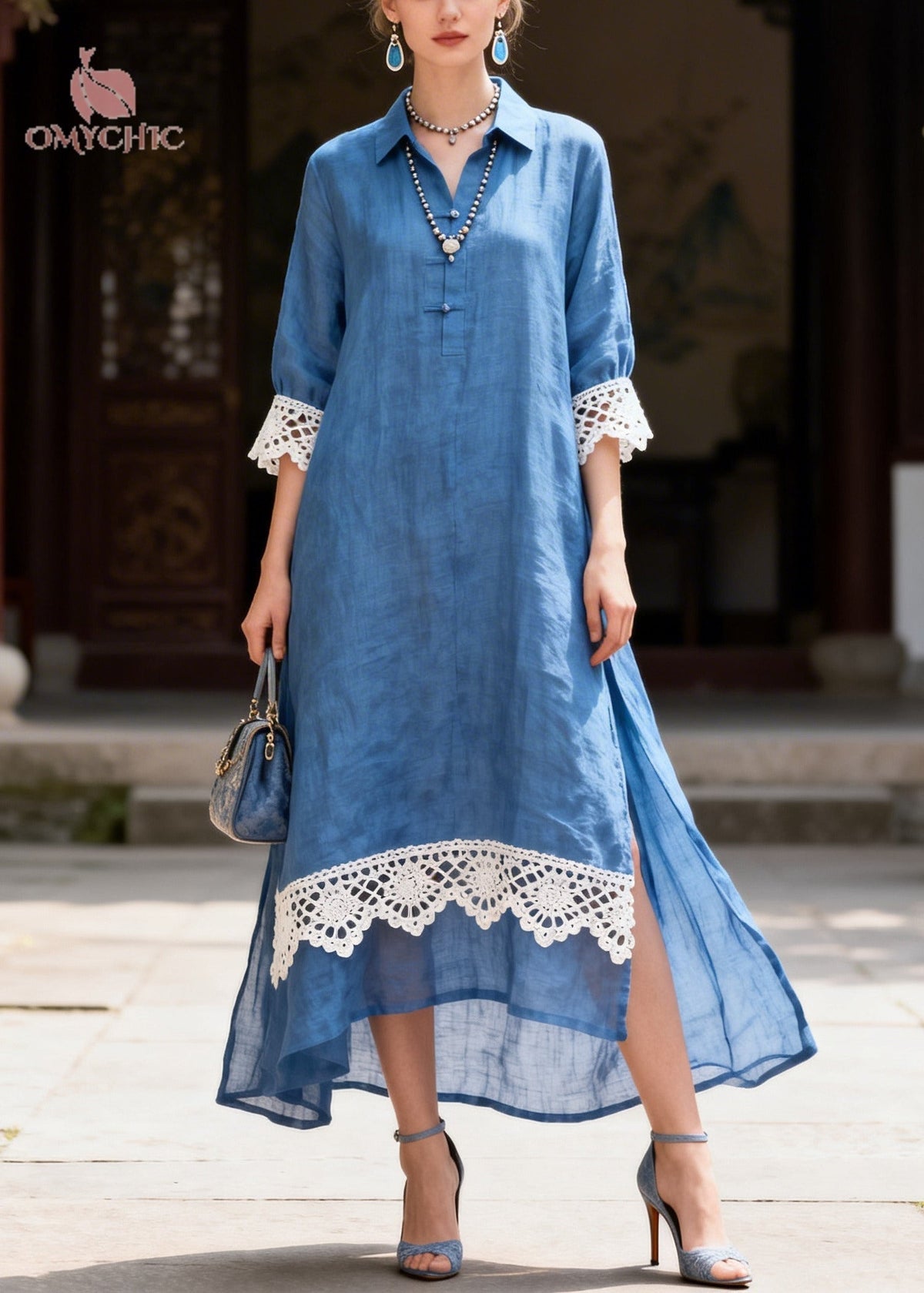 Collared Crochet Lace Cuff High Low Side Slit Linen Maxi Shirt Dress 5