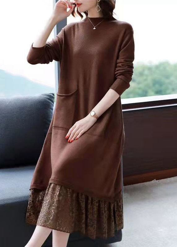 Mock Neck Patch Pocket Lace Tiered Hem Knit Midi Dress