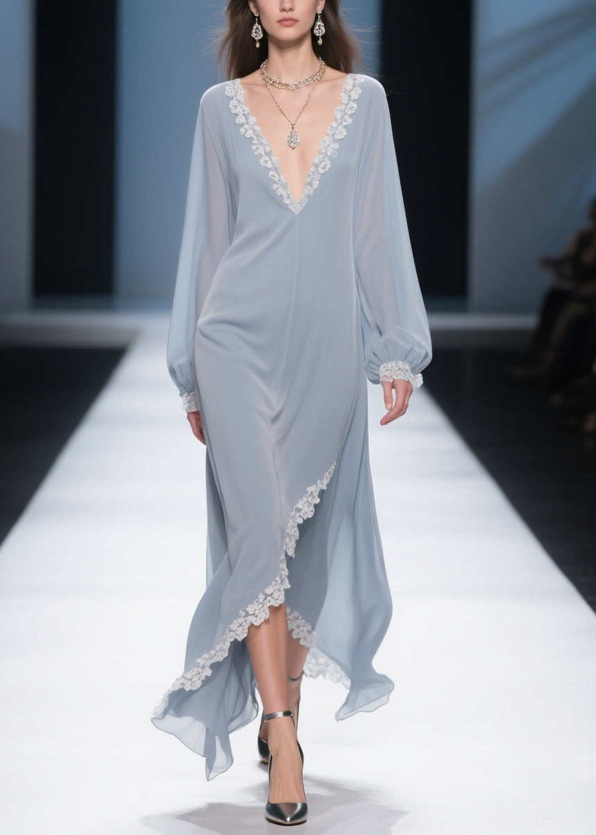 Lace Trim Deep V-Neck Bishop Sleeve Wrap High-Low Chiffon Maxi Dress