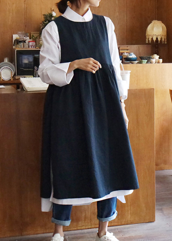 Round Neck Gathered Waist Linen Pinafore Midi Dress 2