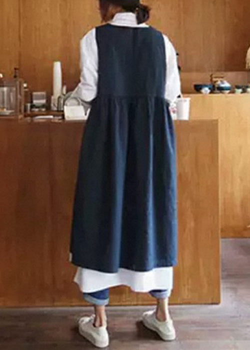 Round Neck Gathered Waist Linen Pinafore Midi Dress 4