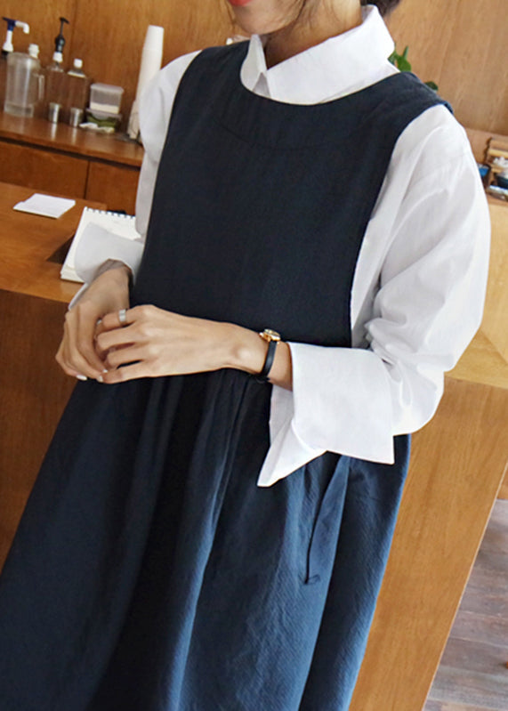 Round Neck Gathered Waist Linen Pinafore Midi Dress 5