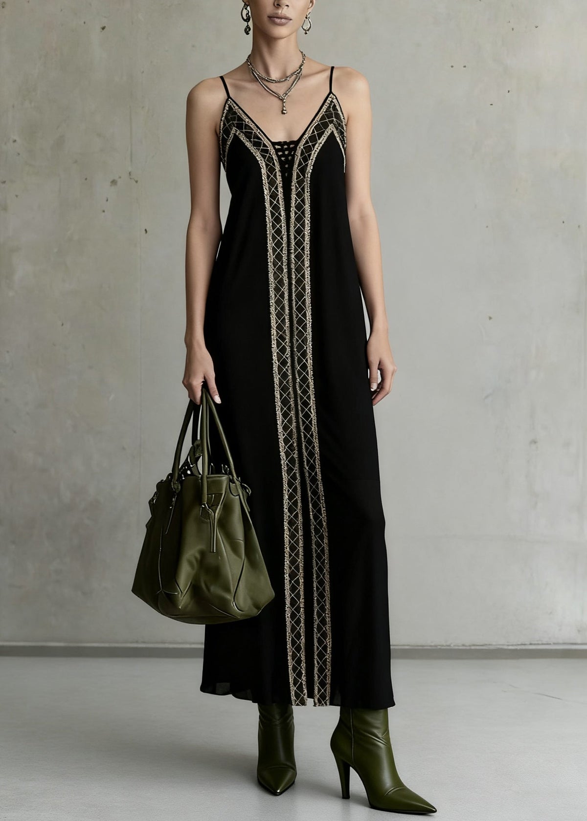 Deep V-Neck Spaghetti Strap Lace-Up Plaid Trim Column Maxi Dress