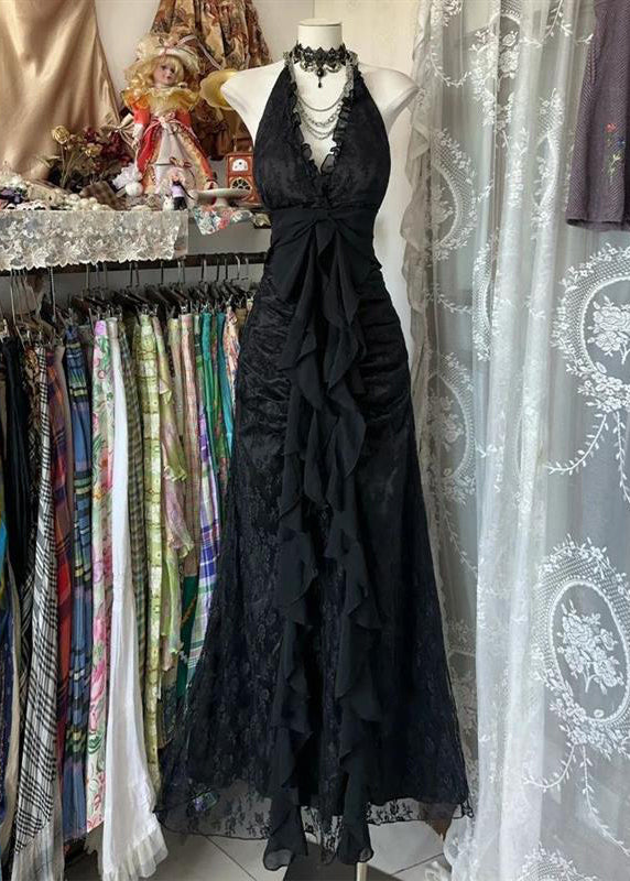 Halter V-Neck Ruched Bodice Center Cascade Ruffle Lace Maxi Gown