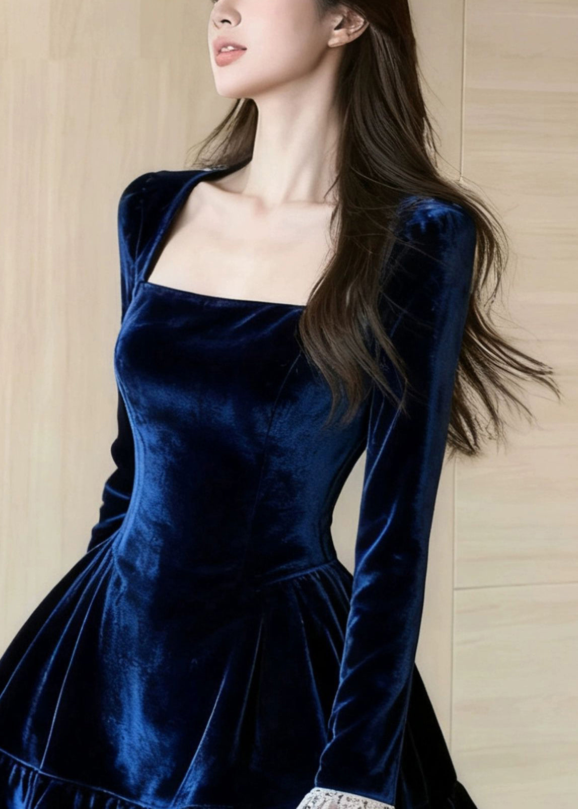 Square Neck Long Sleeve Lace Cuff Tiered Ruffle Velvet Mini Dress 3